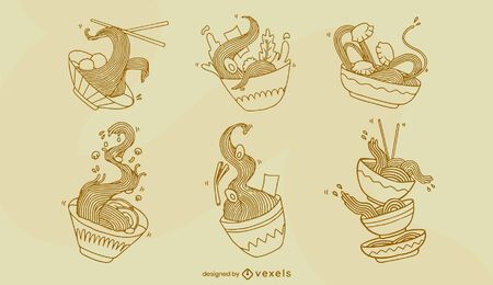 Conjunto de arte em linha de comida japonesa Ramen
