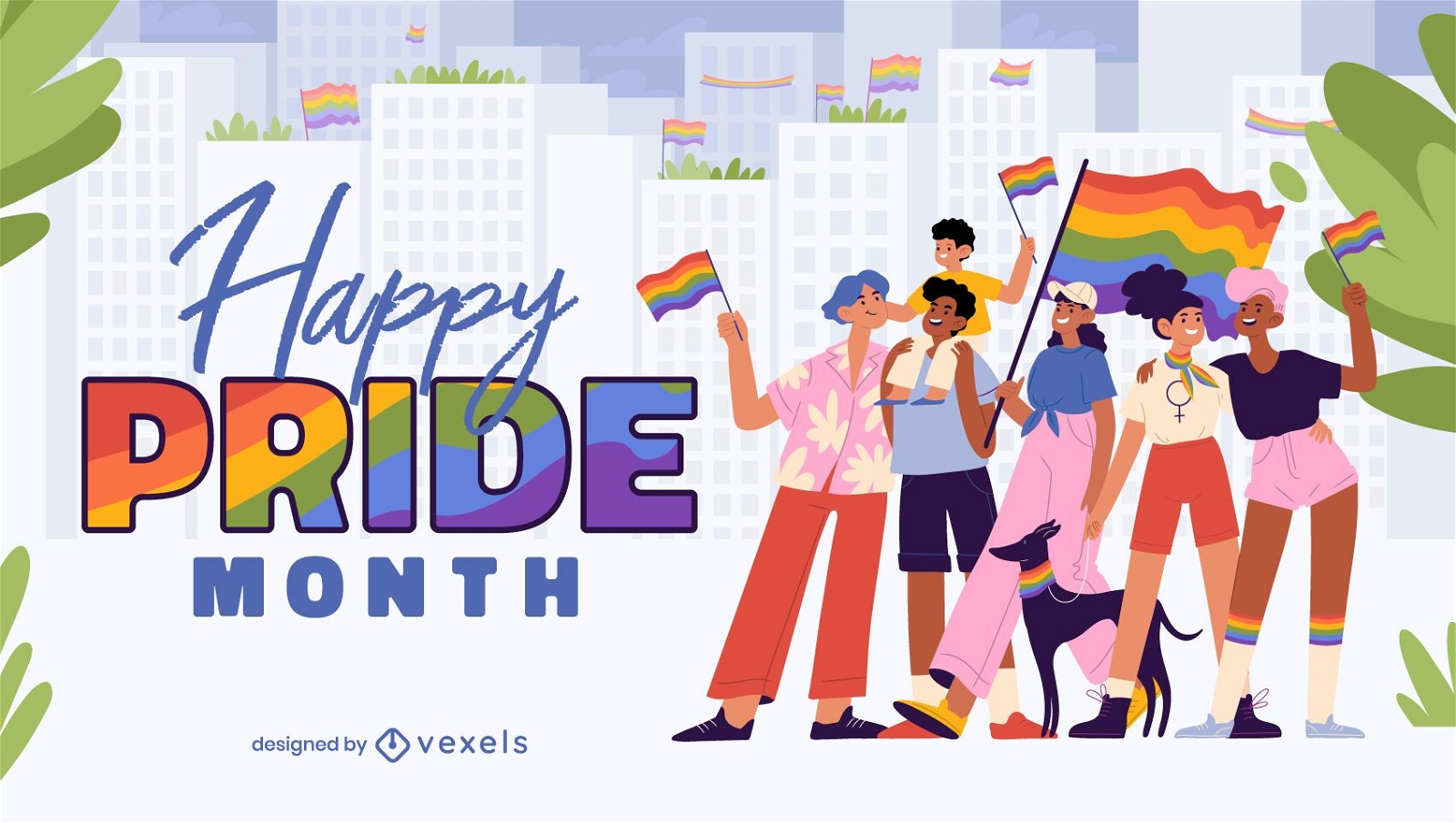 Pride month people marching flags illustration