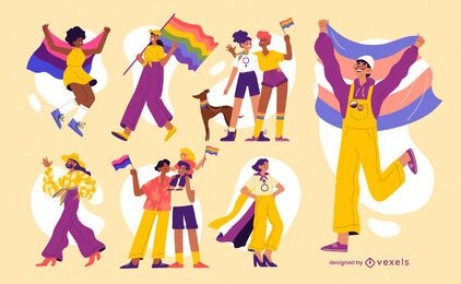 Pessoas do mês do orgulho com personagens de bandeiras