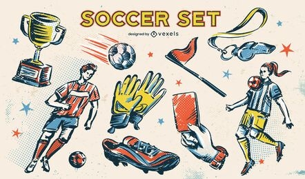 Conjunto de elementos de boceto de deporte de fútbol soccer