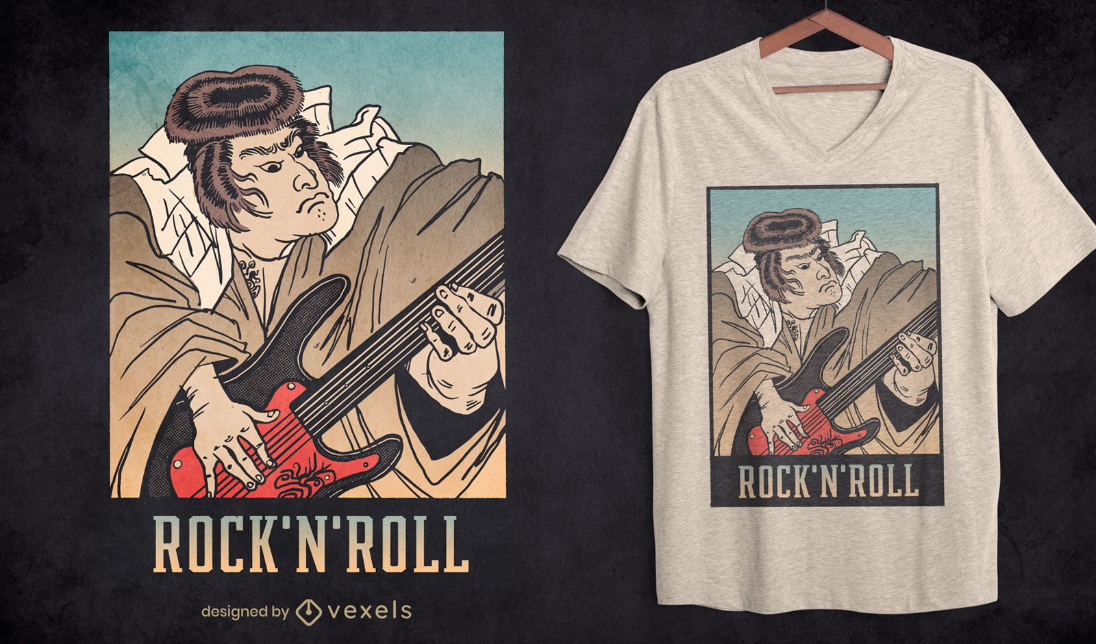 Design de camiseta de guitarra samurai rock and roll