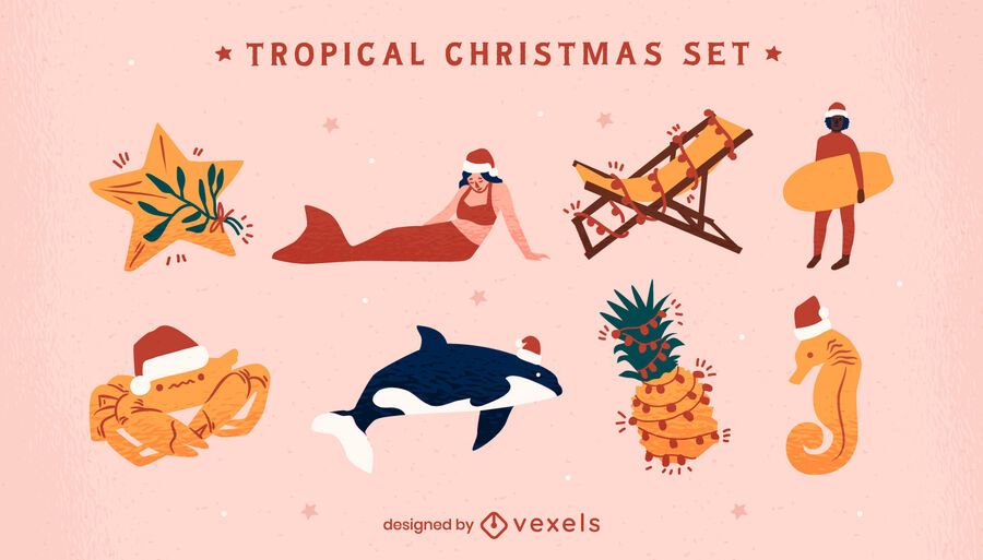 Tropical christmas warm weather elements set Tropical christmas warm weather elements set