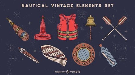 Nautical ship vintage illustration element set