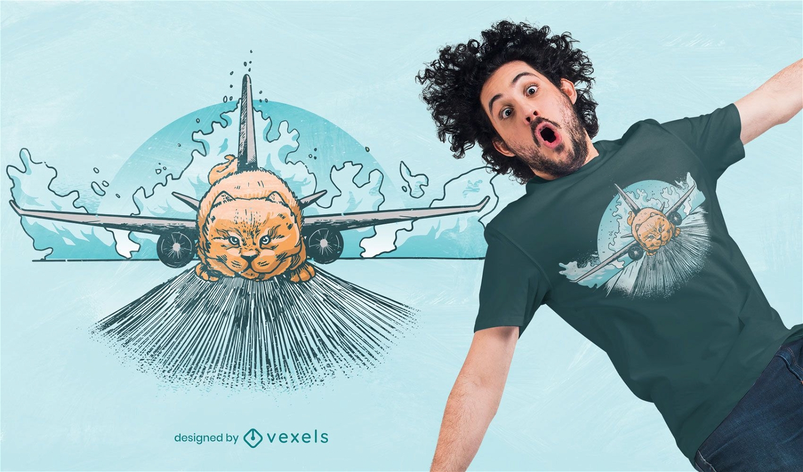 Diseño de camiseta de gato avión dibujado a mano