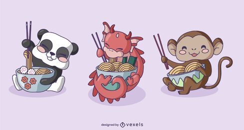 Animal characters eating ramen set
