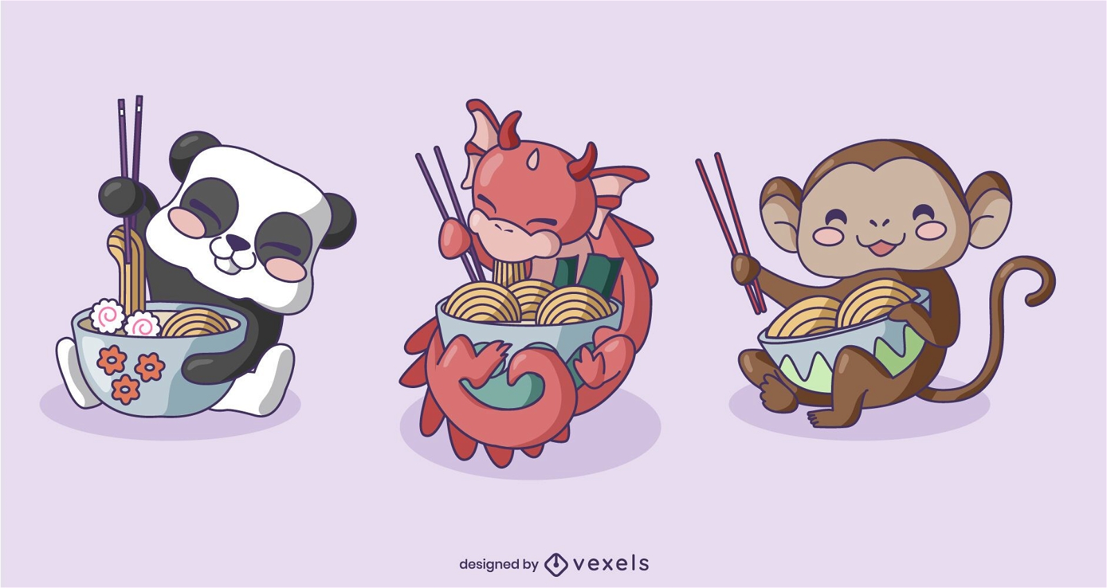 Personajes de animales comiendo ramen set.