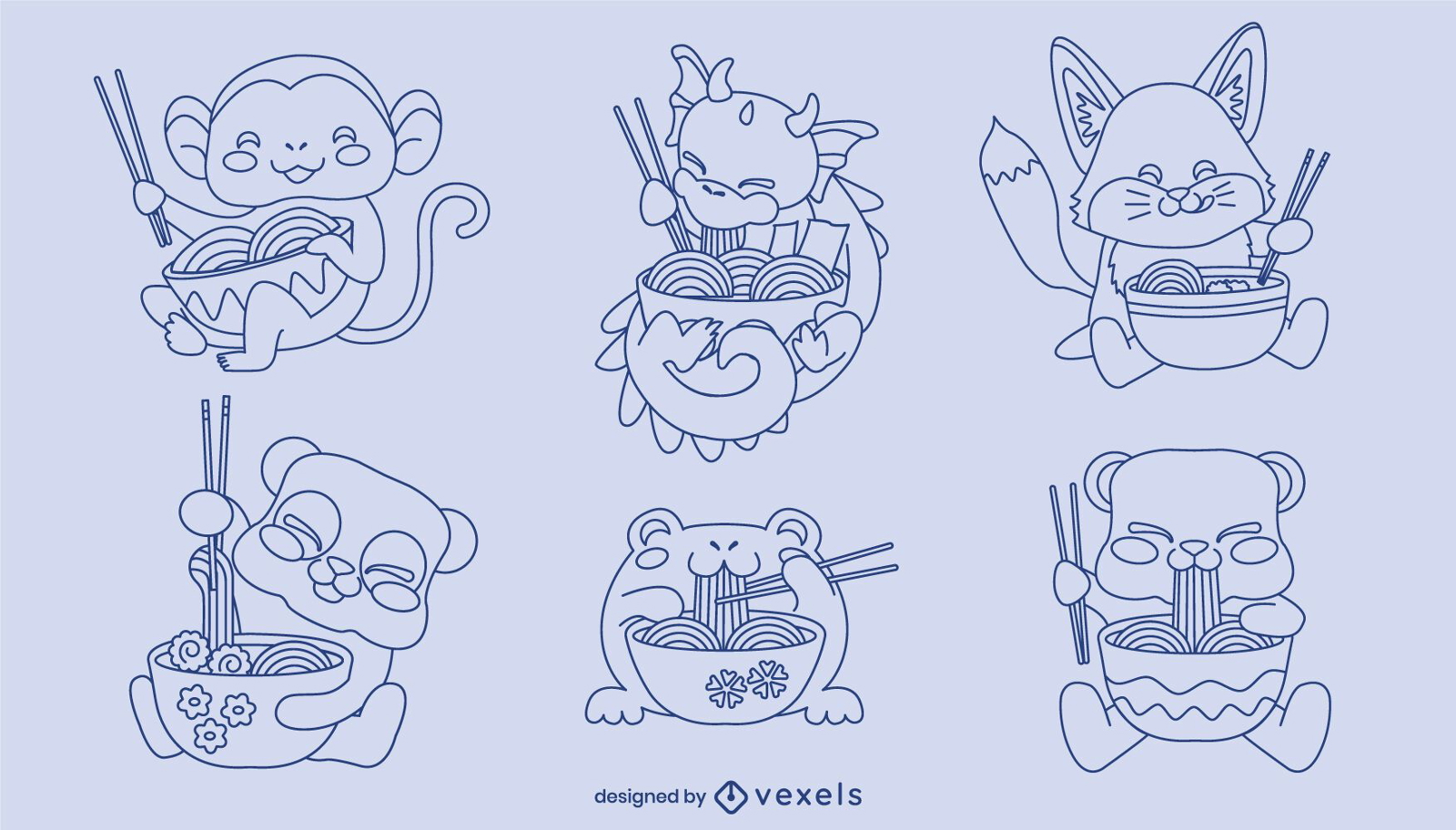 Conjunto de trazos de comida de ramen de personajes de animales bebé