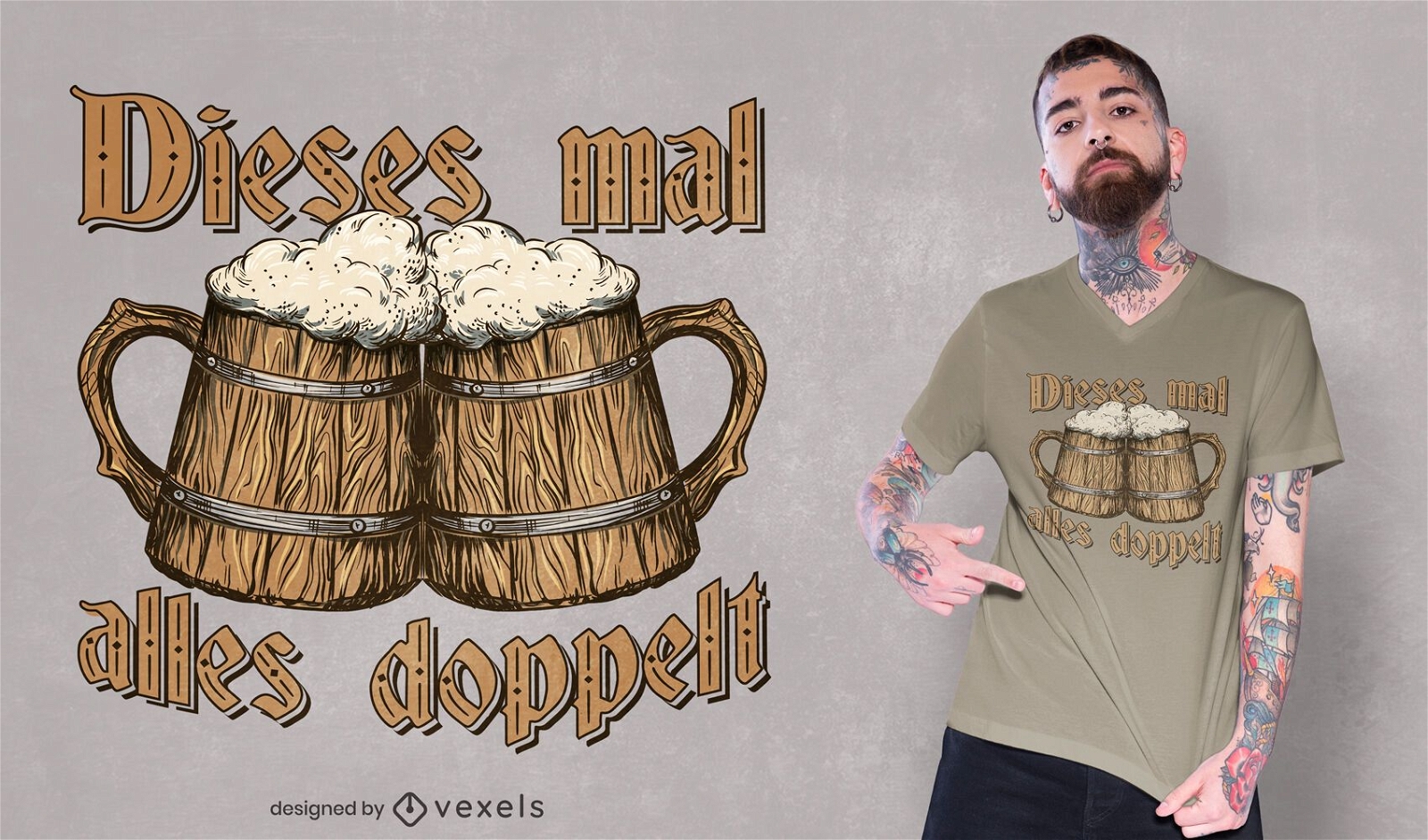 Design de t-shirt de jarros de madeira para cerveja duplo
