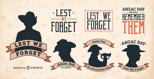 Conjunto de silhuetas de emblemas do feriado Anzac