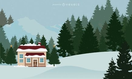 Cabana de Natal com neve e árvores