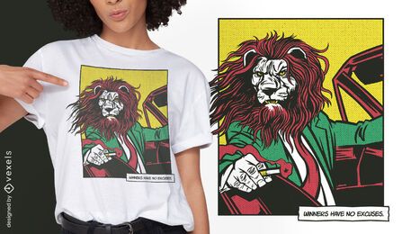 Leão dirigindo design de camiseta em quadrinhos de animais