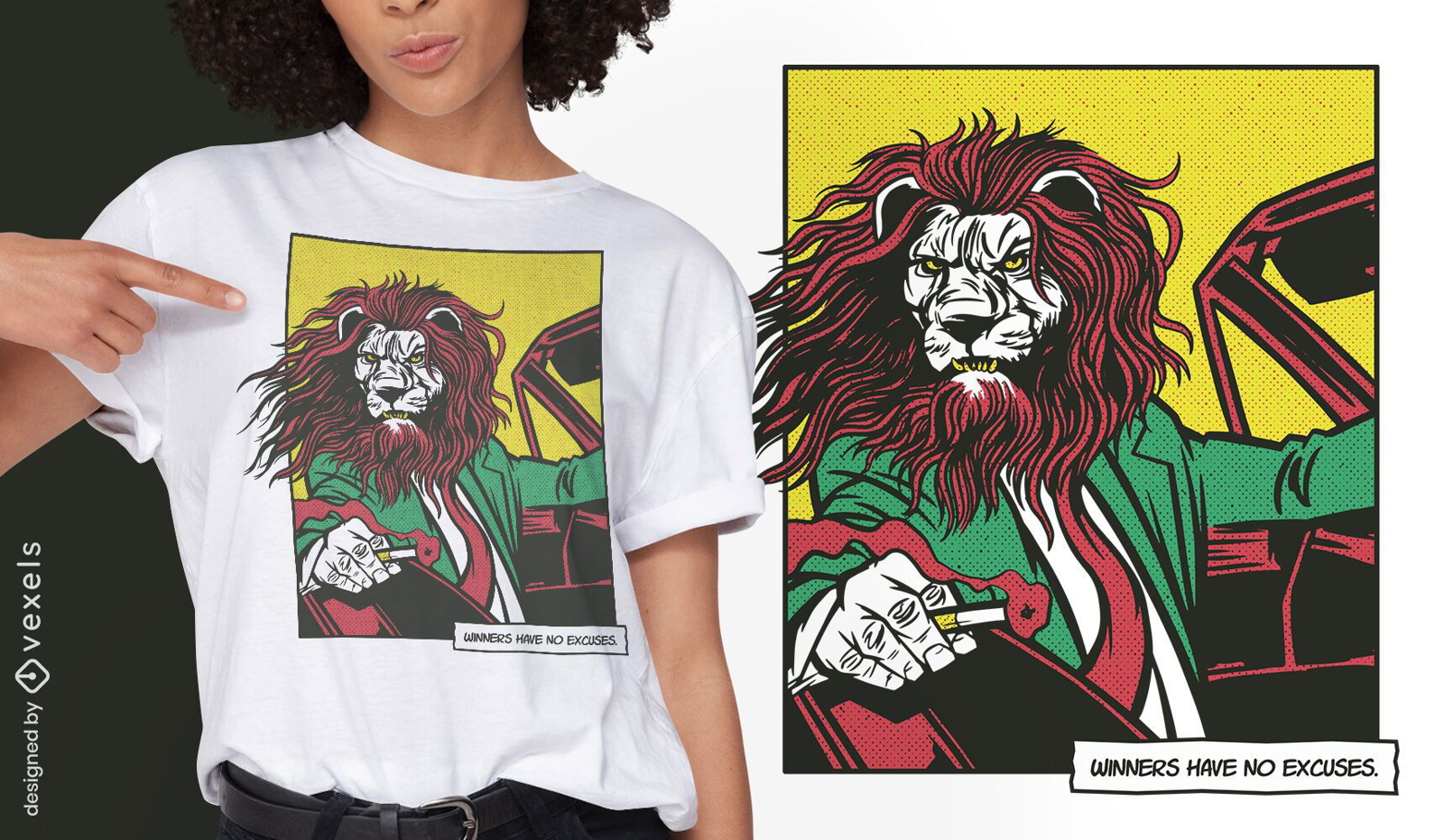 Diseño de camiseta de cómic animal de conducción de león.
