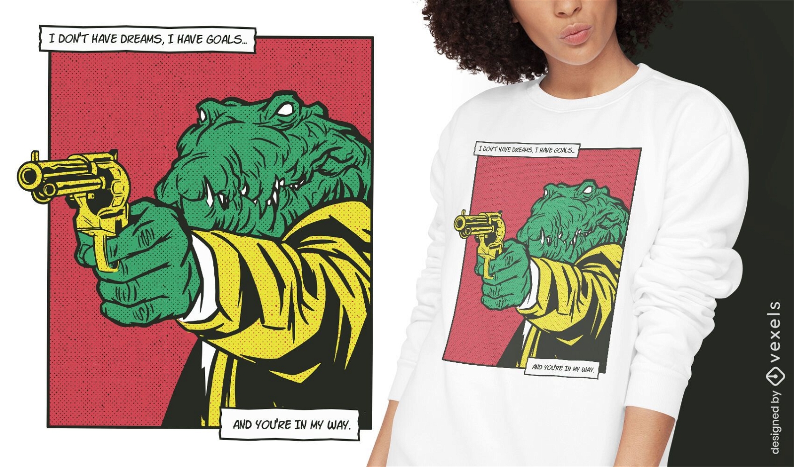 Design de camiseta em quadrinhos de animais com arma de crocodilo