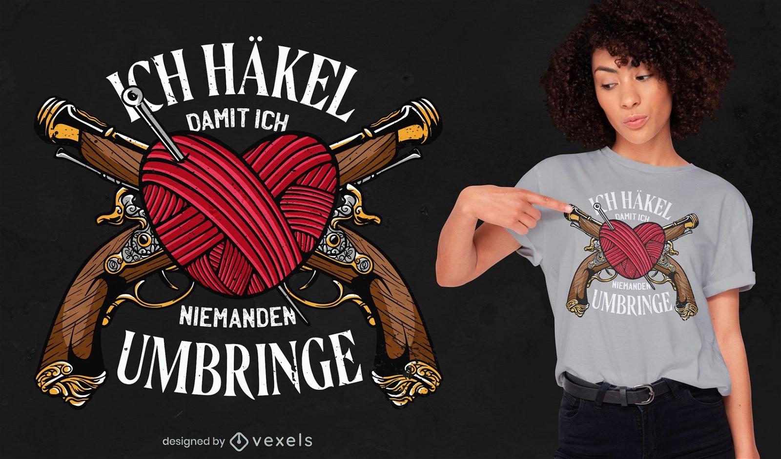 Design de t-shirt com agulhas e armas em forma de coração de crochê