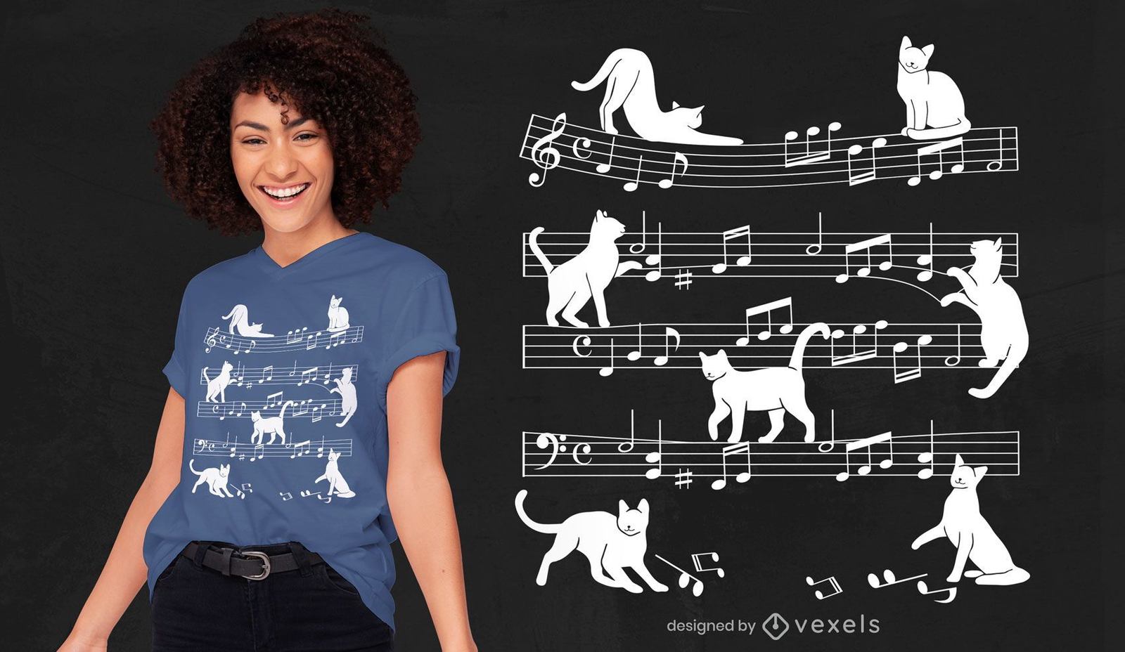 Design de camiseta de silhueta de gato de folha de música