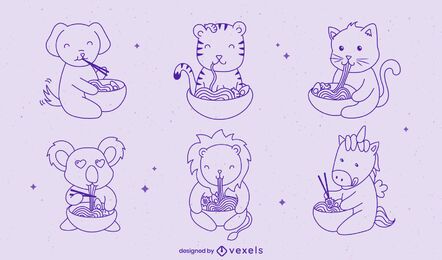 Animales bebés comiendo ramen conjunto de caracteres de comida