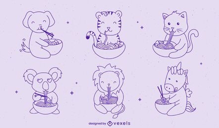 Baby animals eating ramen food character set