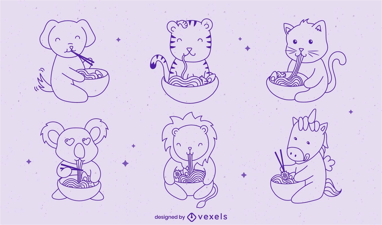 Animais beb?s comendo ramen com comida conjunto de caracteres