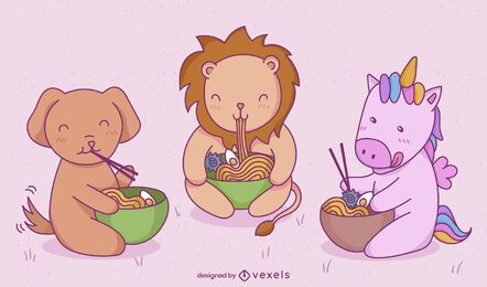 Animais bebês comendo comida japonesa conjunto de caracteres