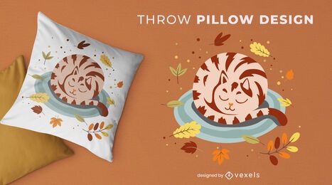 Sleeping cat autumn leaves throw pillow
