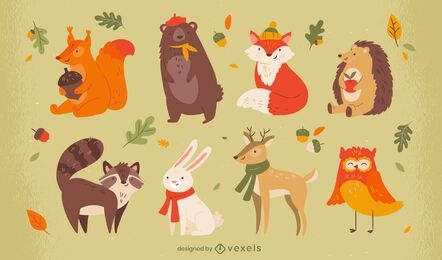 Conjunto de caracteres da temporada de outono de animais fofos