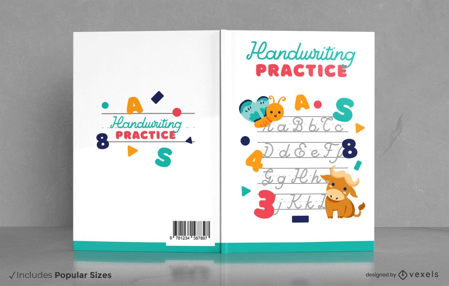 Livro de escrita à mão para bebês animais capa design