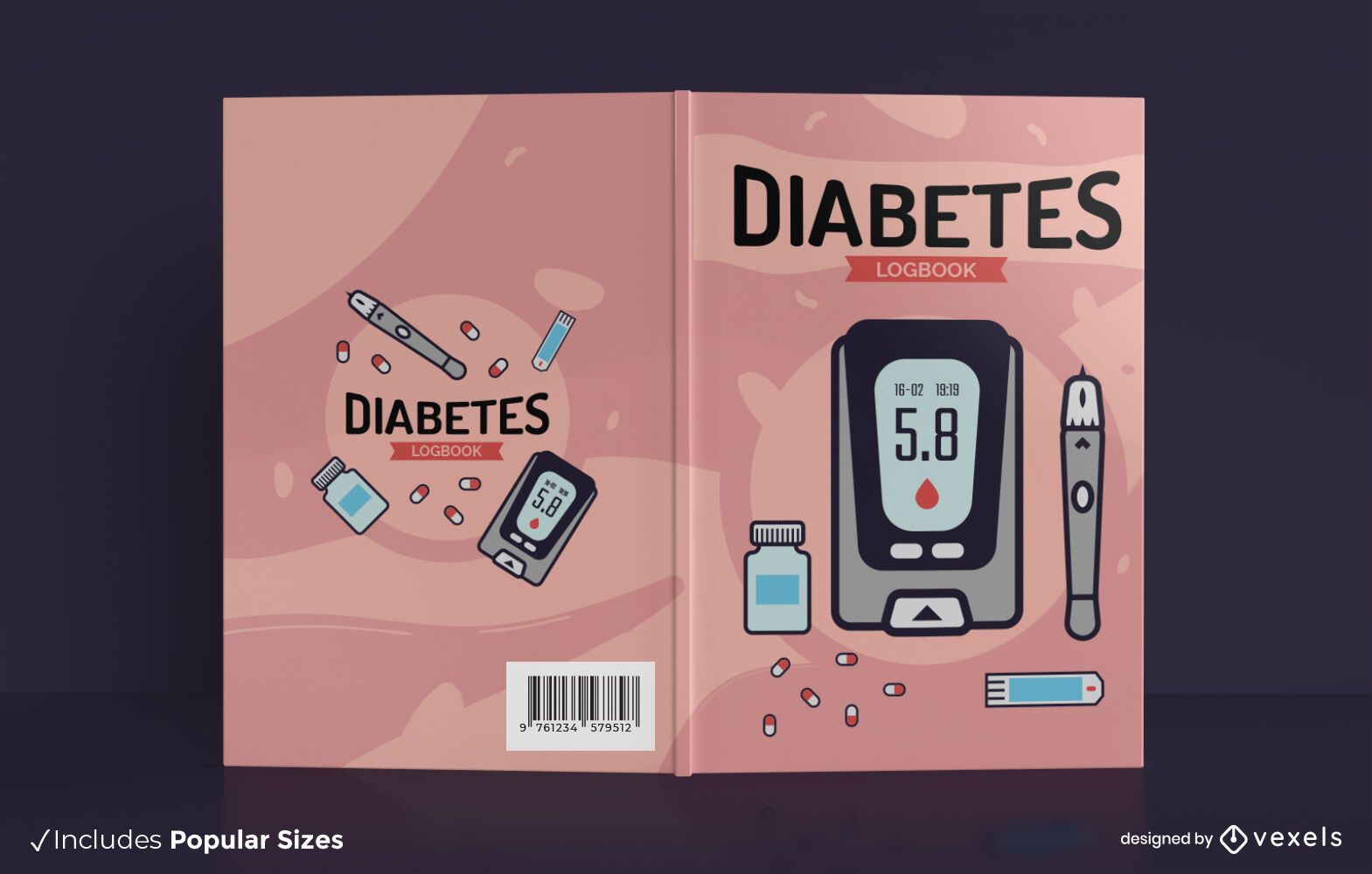 Design da capa do livro de registro de saúde sobre diabetes