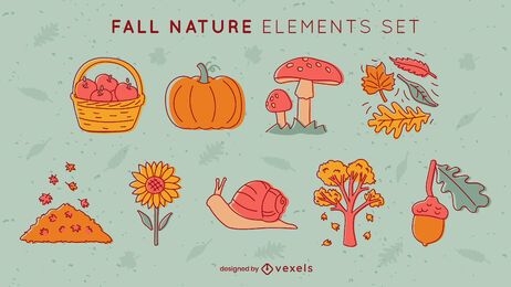 Conjunto de folhas e alimentos da temporada de outono