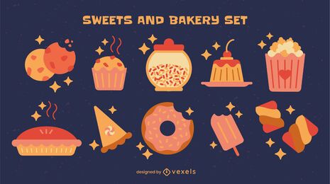 Conjunto de elementos de doces e sobremesas
