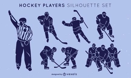 Los jugadores de hockey sobre hielo plantean un conjunto de siluetas deportivas.