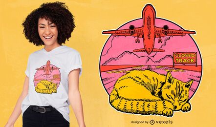 Schlafendes Flugzeug-T-Shirt Design der Flughafenkatze