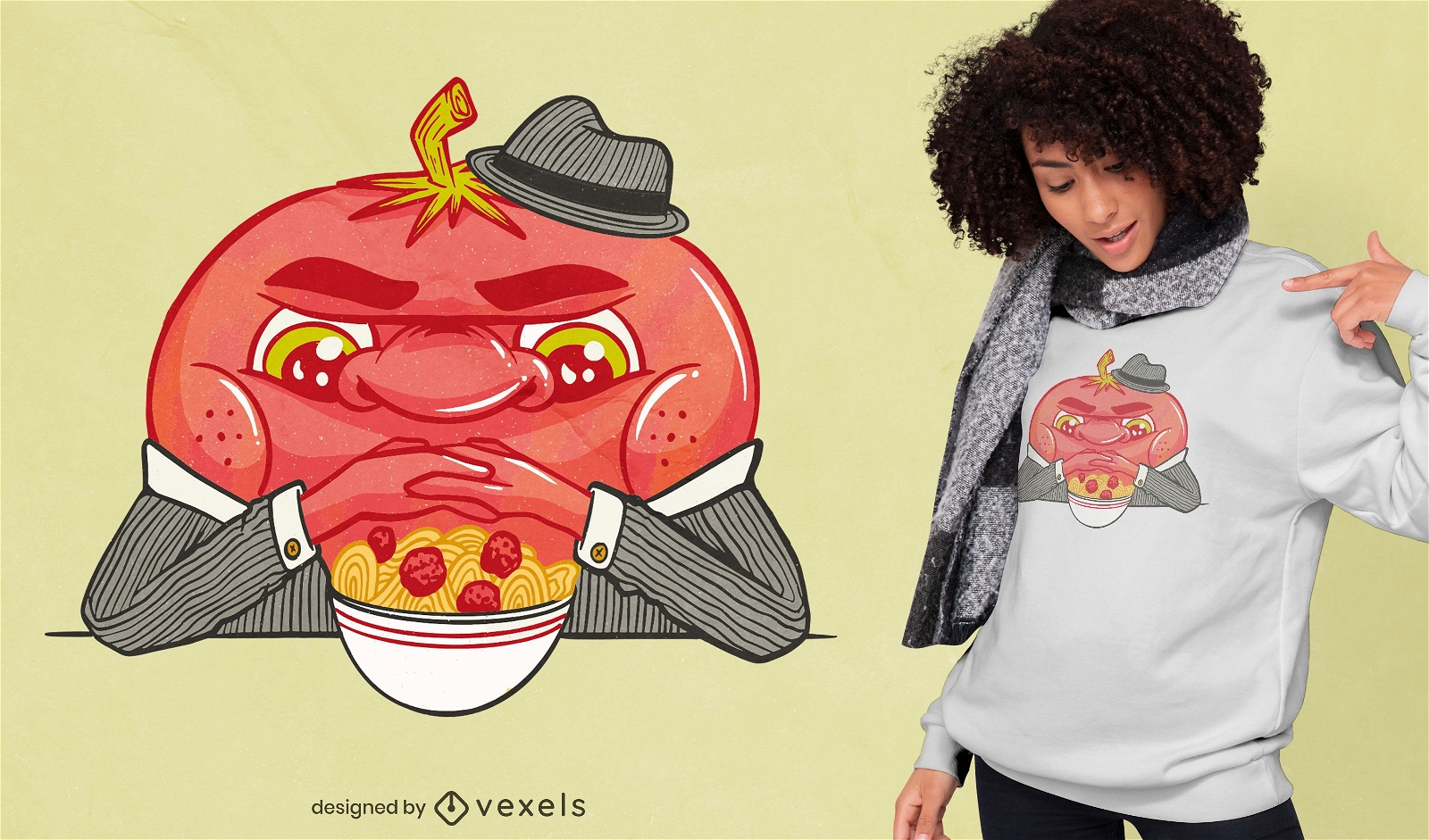 Design de t-shirt de tomate mafia espaguete