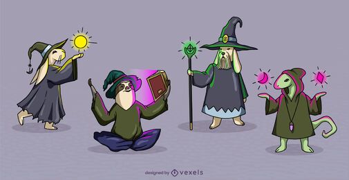 Conjunto de personagens de fantasia de feiticeiros animais