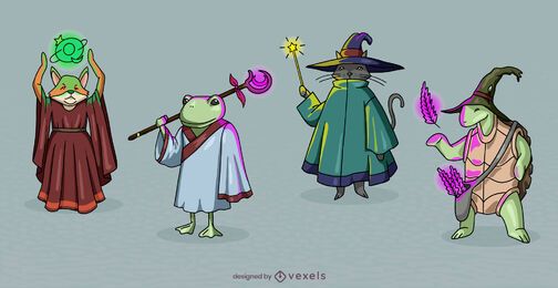 Conjunto de personagens fantásticos de bruxos e animais selvagens