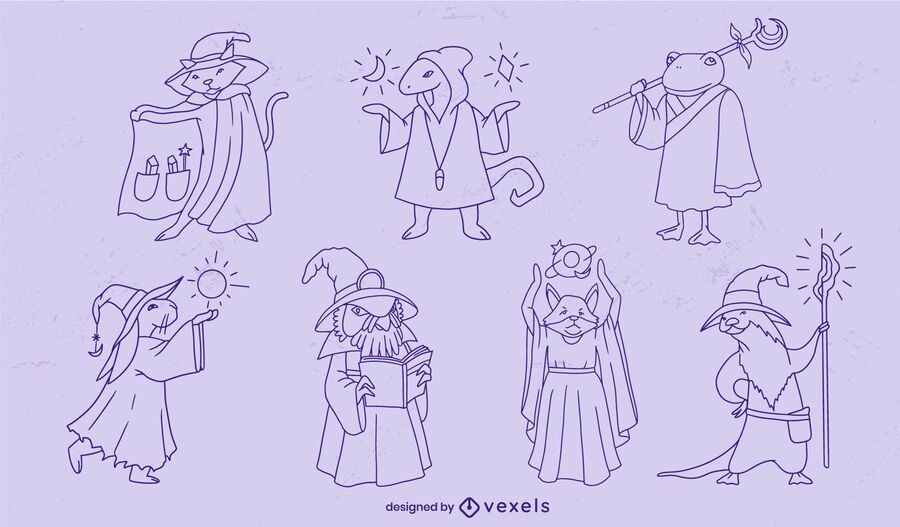 Wizard animals fantasy characters stroke set Wizard animals fantasy characters stroke set