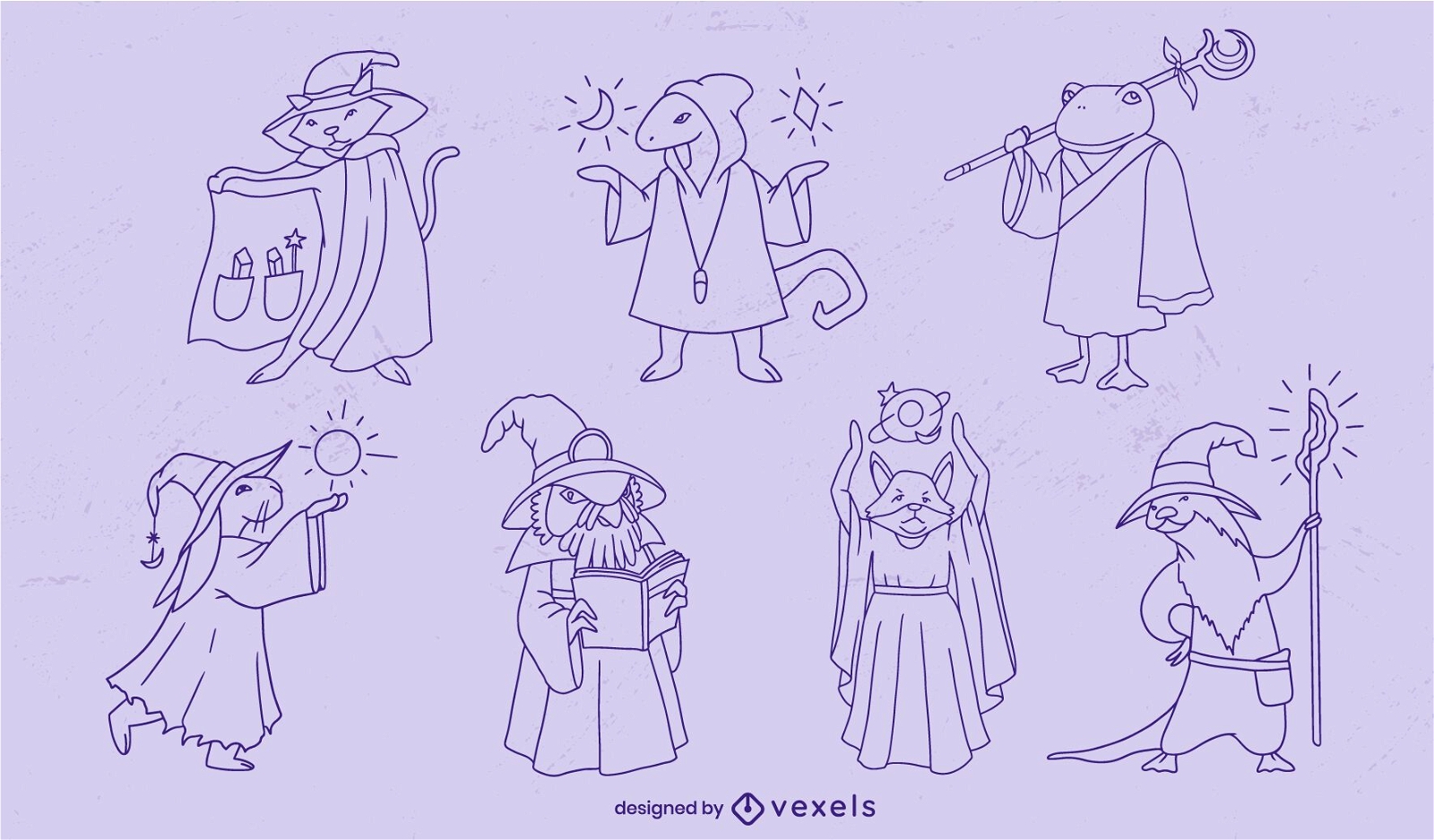 Wizard animals fantasy characters stroke set