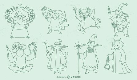 Animal sorcerers fantasy characters stroke set