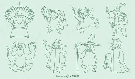 Conjunto de traços de personagens de fantasia de feiticeiros animais