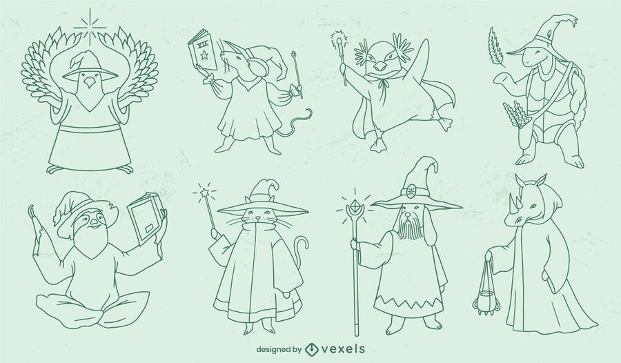 Animal sorcerers fantasy characters stroke set Animal sorcerers fantasy characters stroke set