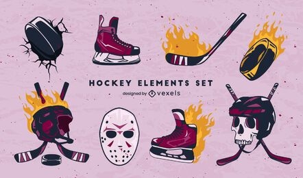Ice hockey sport equipment on fire set