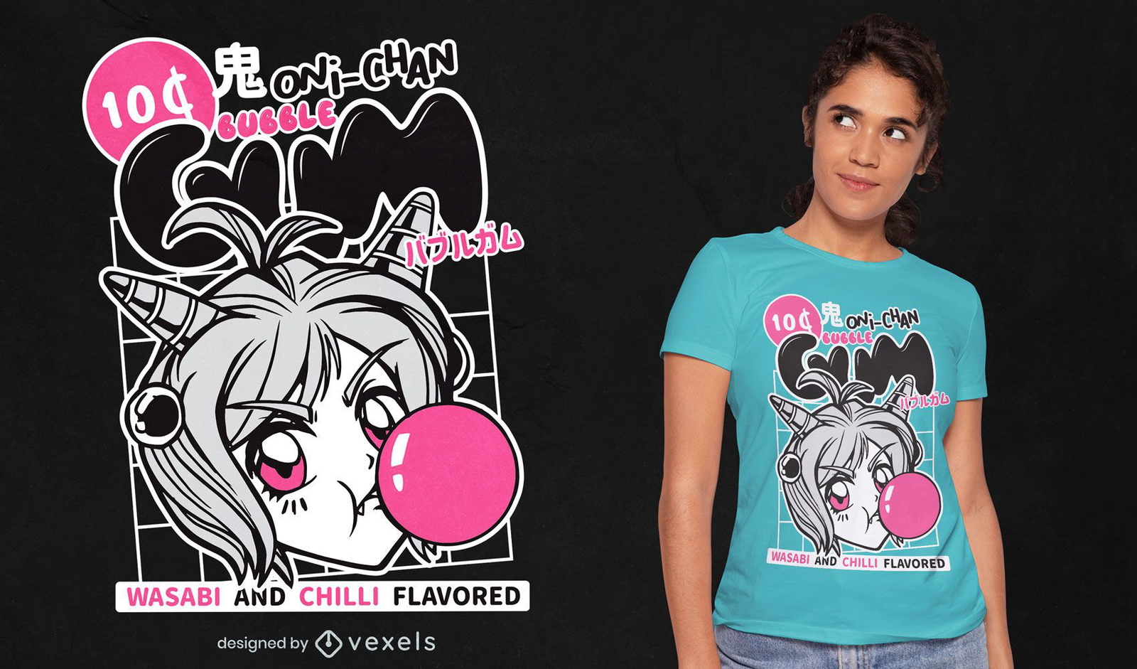 Diseño de camiseta de chicle de chica anime