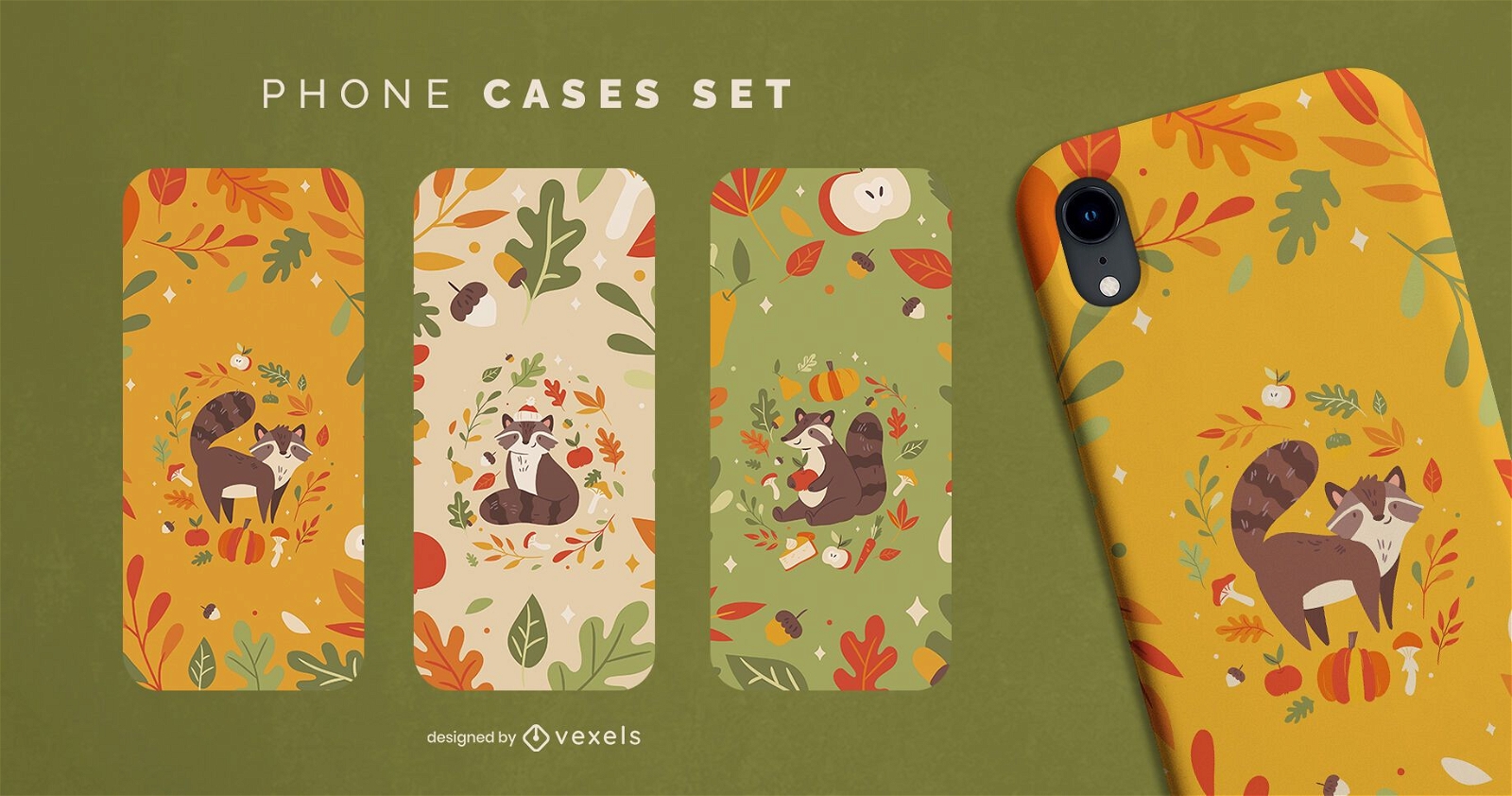 Conjunto de caja de teléfono de mapache lindo temporada de otoño