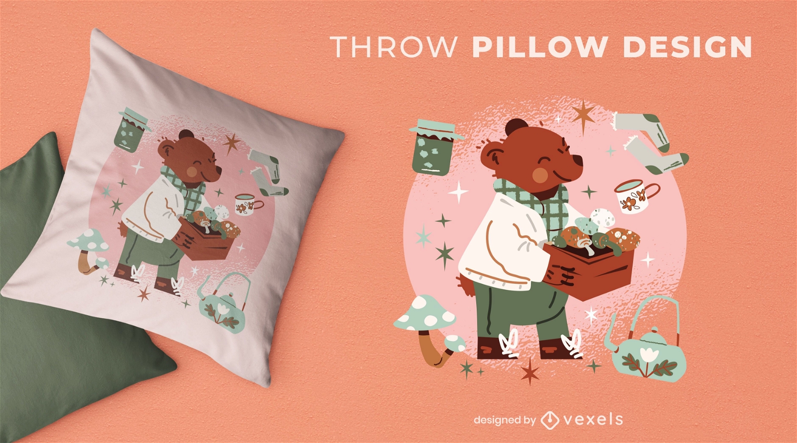 Autumn season happy bear throw pillow design