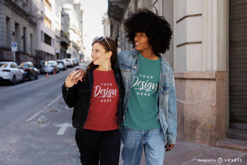 Happy couple city walking t-shirt mockup Happy couple city walking t-shirt mockup
