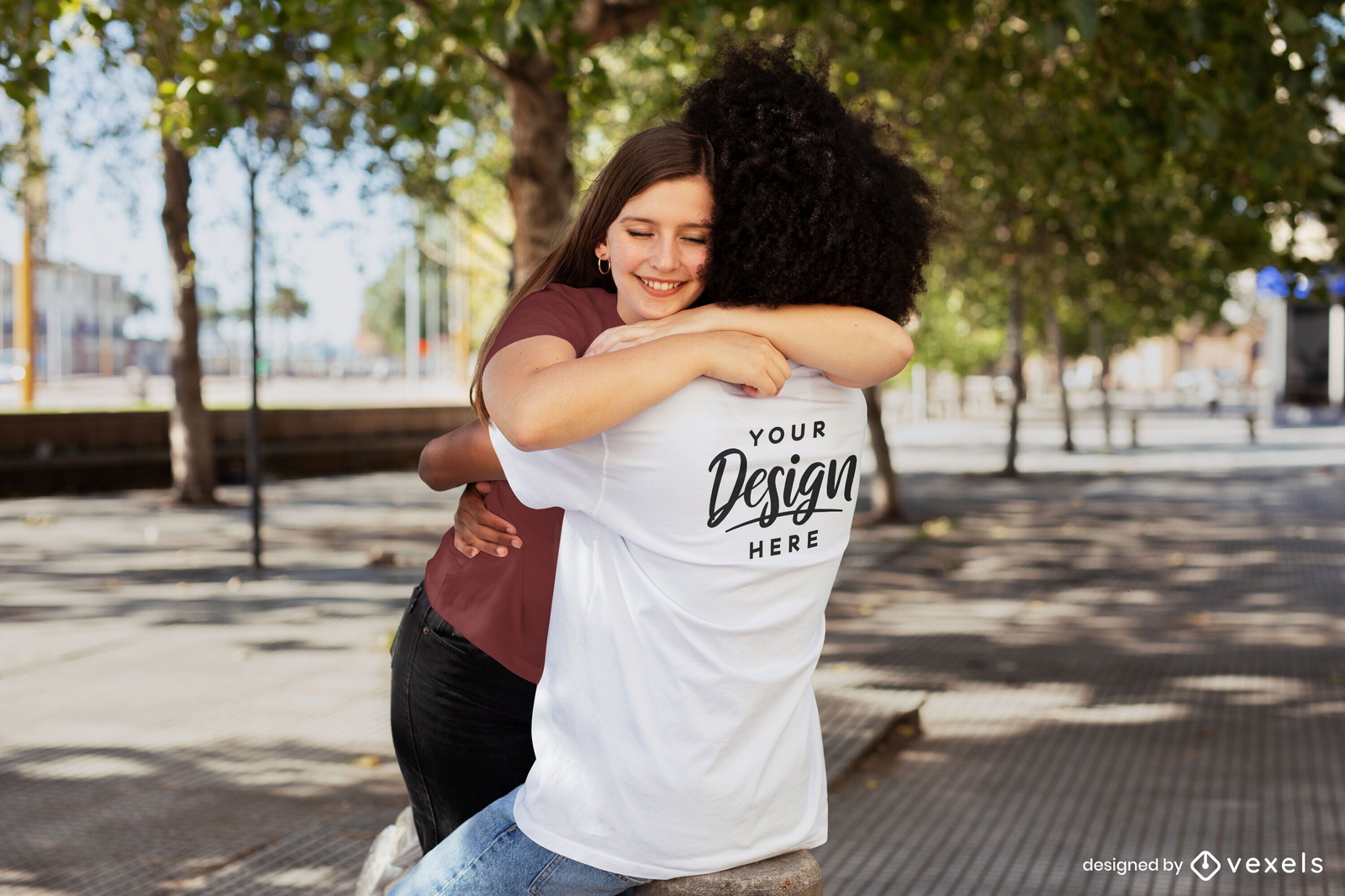 Couple hugging at the park t-shirt mockup