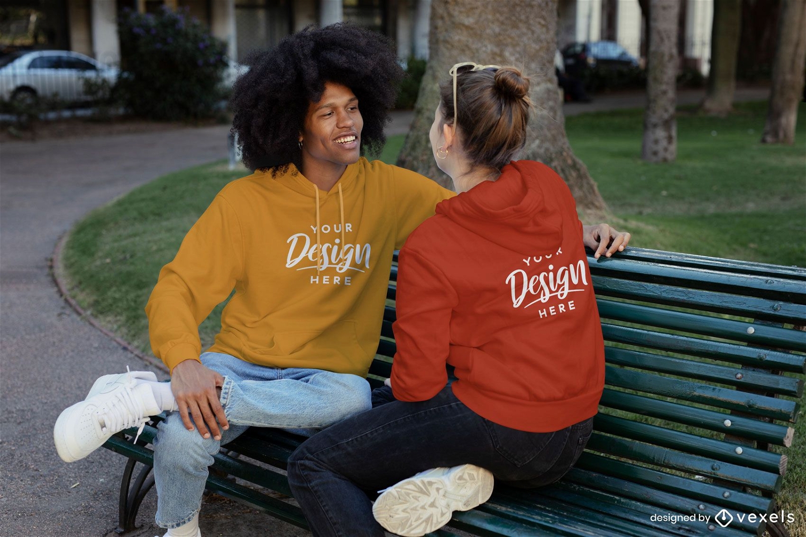 Couple talking on park bench sweatshirt mockup