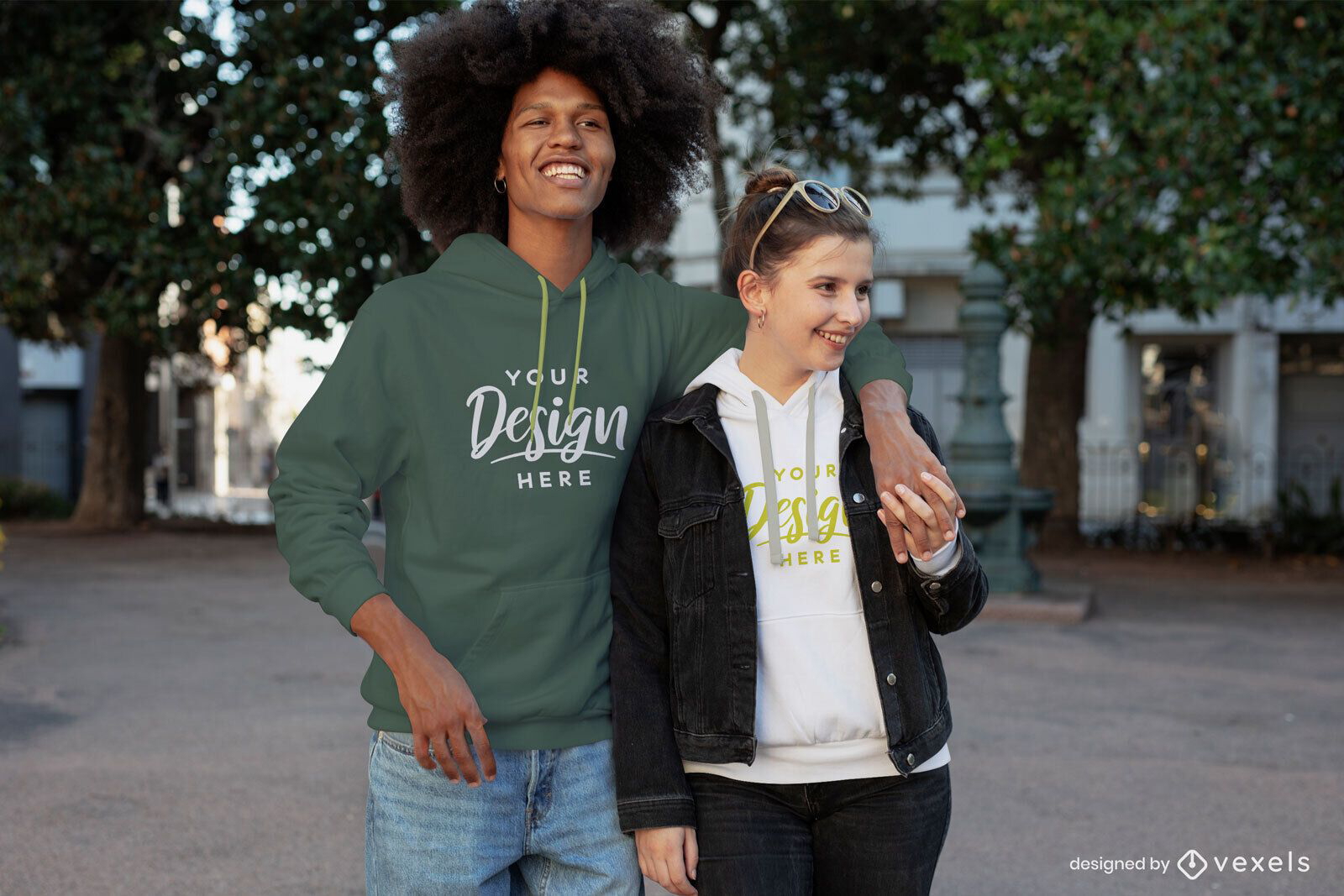 Happy couple holding hands hoodie mockup