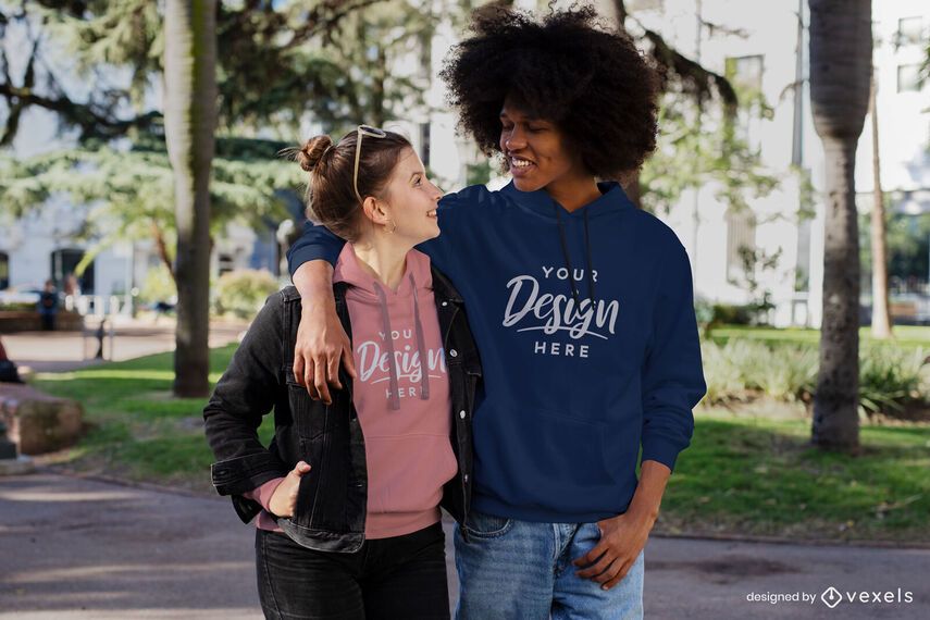 Happy couple walking through park hoodie mockup Happy couple walking through park hoodie mockup
