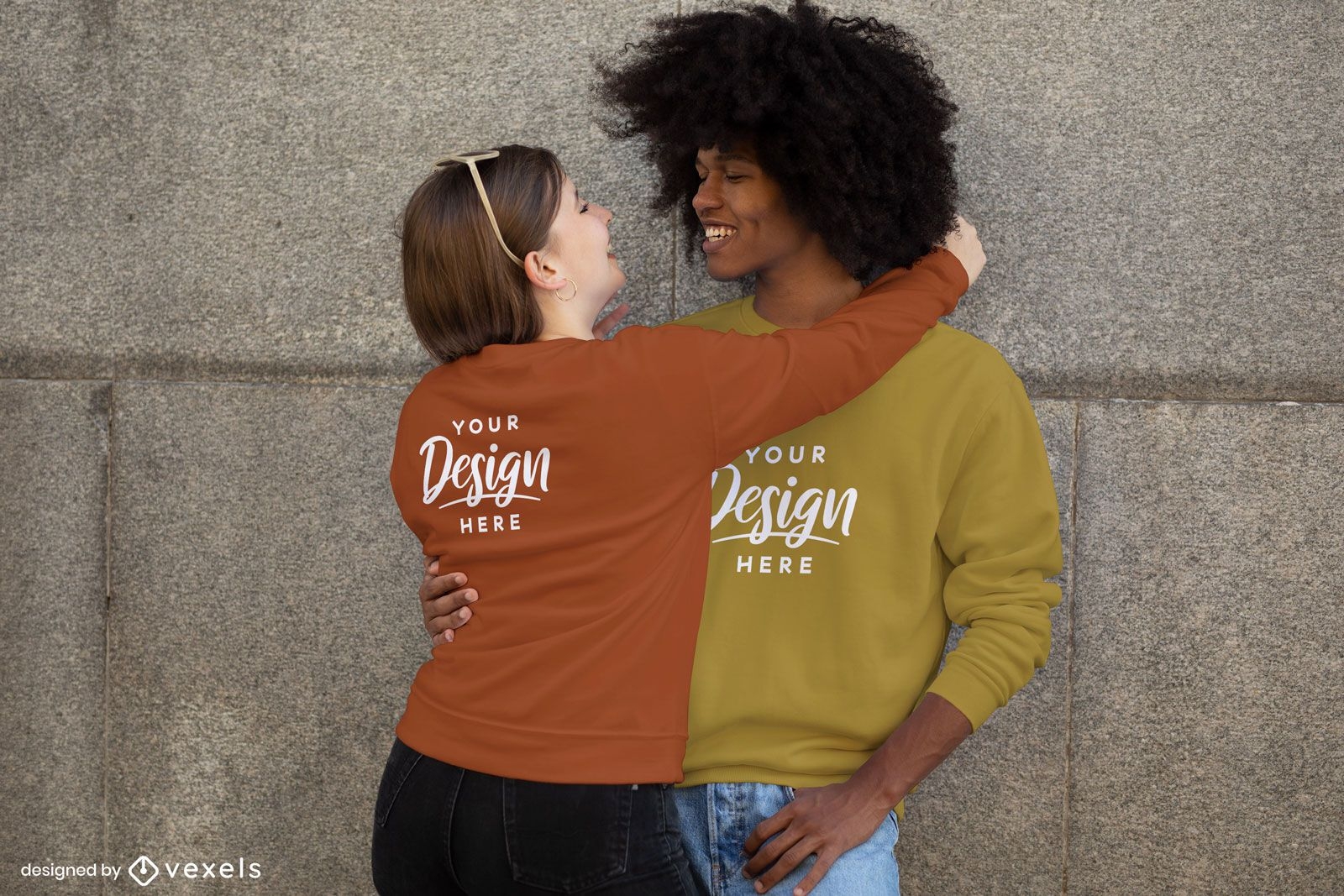 Man and woman hugging sweatshirt mockup