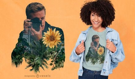 Fotógrafo y diseño de camiseta de doble exposición de flores.